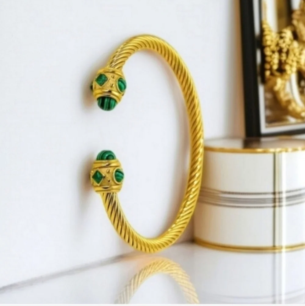 18k Gold Plated Twisted Cable Malachite & Crystal Cuff Bangle Bracelet